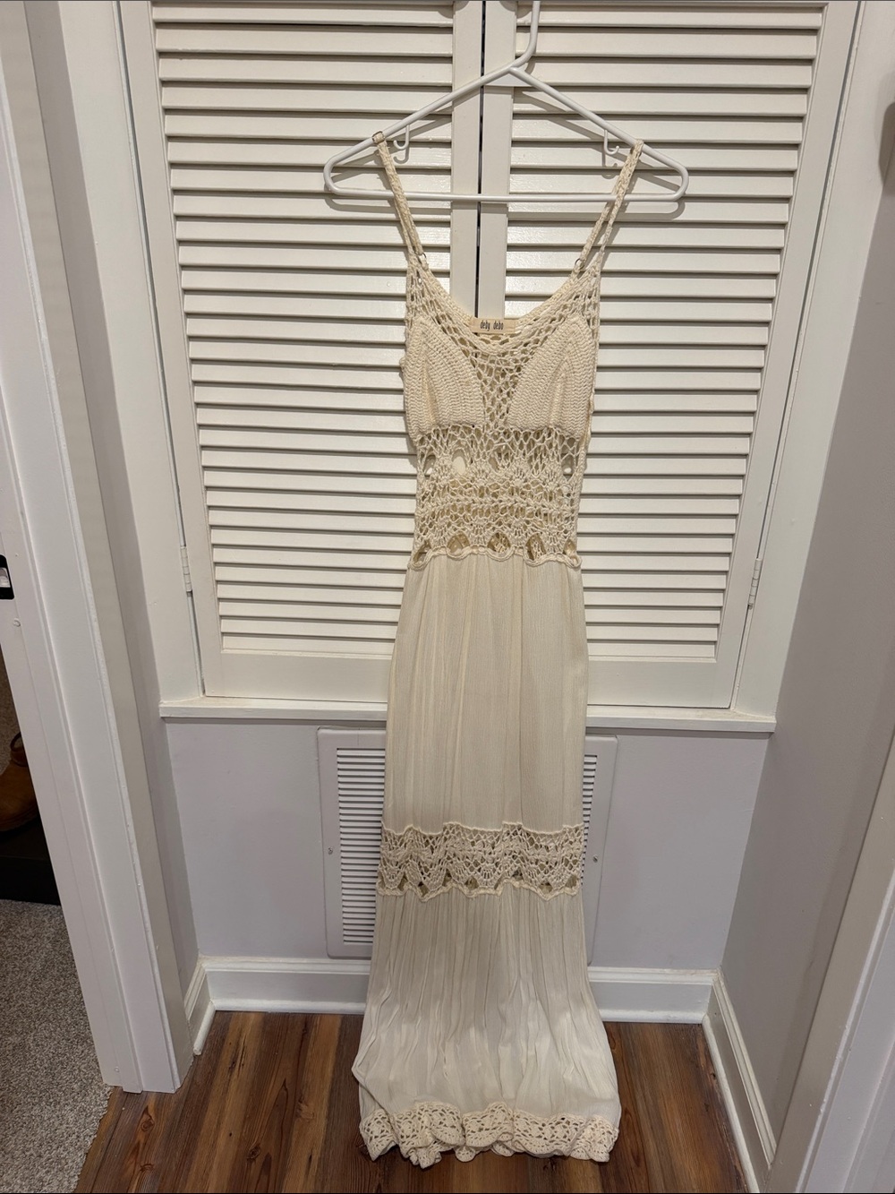 Ivory Crochet Maxi Dress with Lace Insets - Women's Elegant Summer Dress